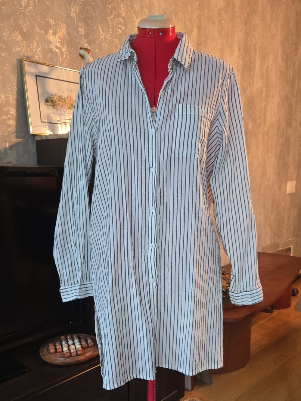 ICHI Striped Button-Down Cotton Shirt Dress in White and Black